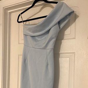 ASOS baby blue one shoulder scuba dress with ruffle hem, Sz 4, Small. Never worn